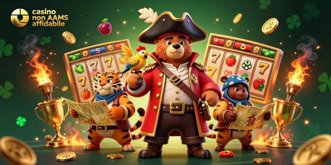 Vivi l'emozione del casino non AAMS affidabile con la nostra vivace illustrazione 3D di un orso pirata e elementi del casino.