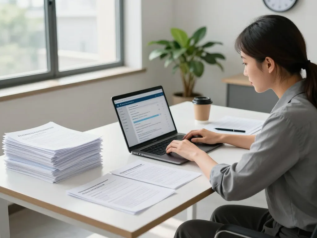 University Document Collection & Correction Procedures in a professional office setting, with certificates and documents on display.