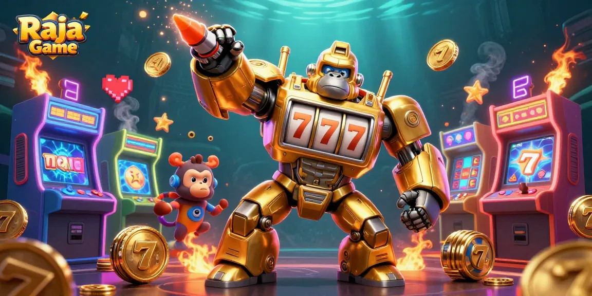 Experience thrilling wins with Raja Game featuring a golden gorilla mech and vibrant arcade elements.
