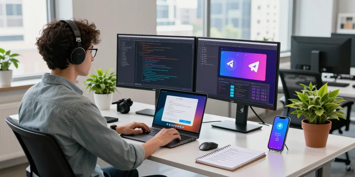 Developer setting up telegram中文 interface in a modern workspace, showcasing productivity elements and a vibrant environment.