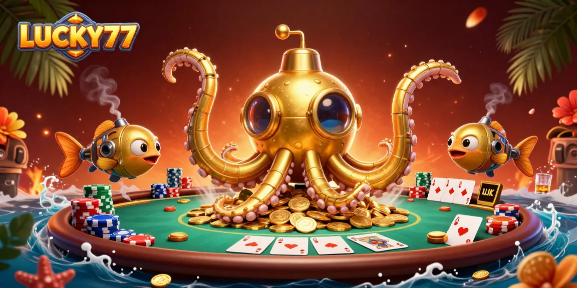 LUCKY77 invites players to engage with a dynamic poker scene featuring a golden kraken and mechanical fish.