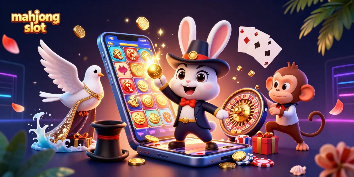 Experience mahjong slot magic with a vibrant 3D illustration featuring a magician rabbit, dove, and monkey among gaming elements.