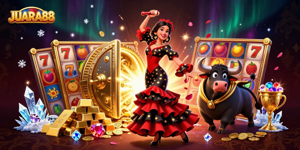 Engage with JUARA88 slots featuring vibrant characters and dynamic gaming elements in a lively 3D illustration.
