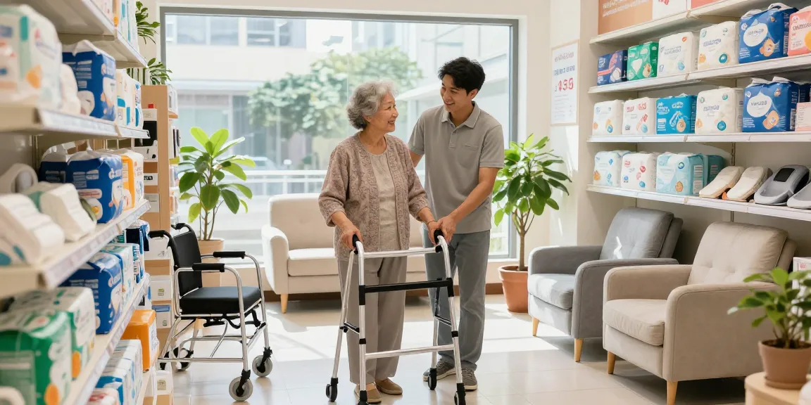 Shopping for elderly care products at 老人用品店香港 with attentive staff and variety of mobility aids.