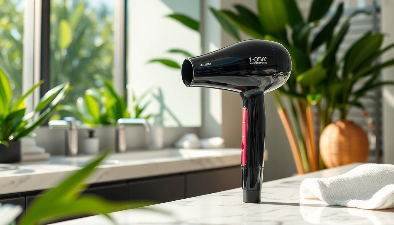Using an Ionic blow dryer on a marble countertop with bright natural lighting.