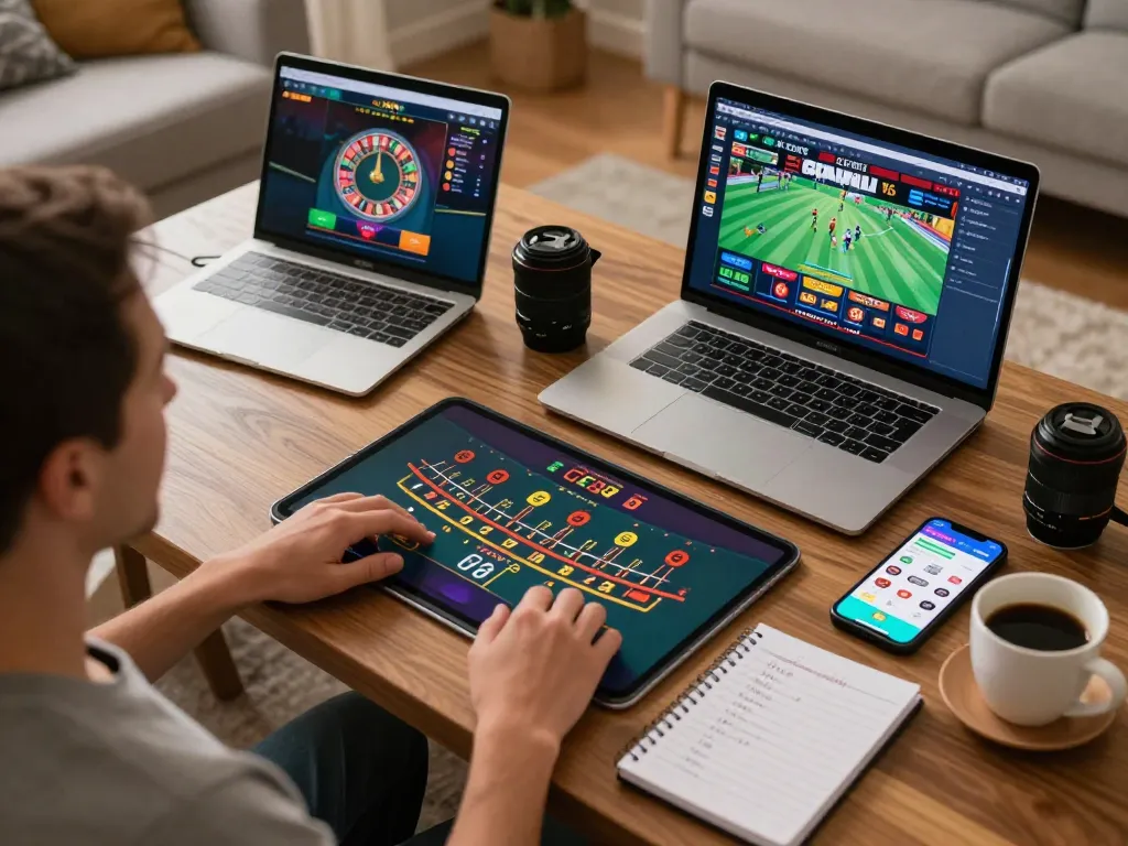 Dynamic online gaming scene showcasing sc88 mobile app on smartphone and laptop with strategic planning elements