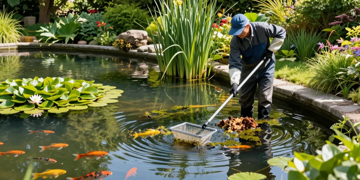 Pond Clean Sussex showcased by a professional cleaner maintaining a vibrant garden pond, ensuring clarity and health.