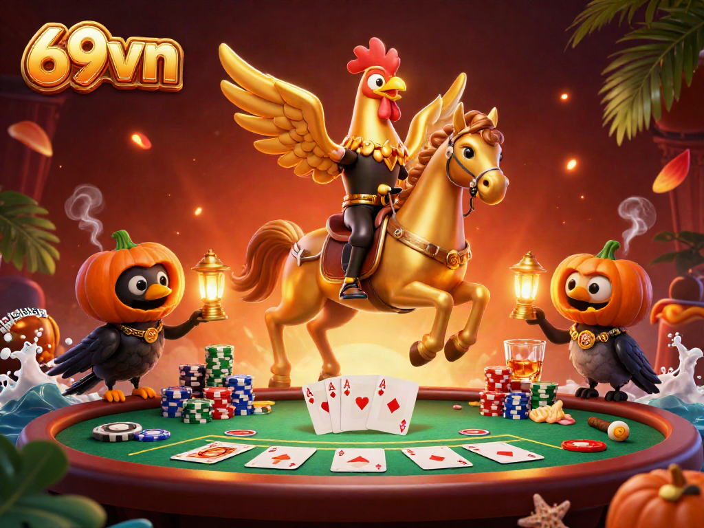Experience the vibrant thrill of 69vn with this golden rooster and his pumpkin-headed crow companions in a lively casino scene.
