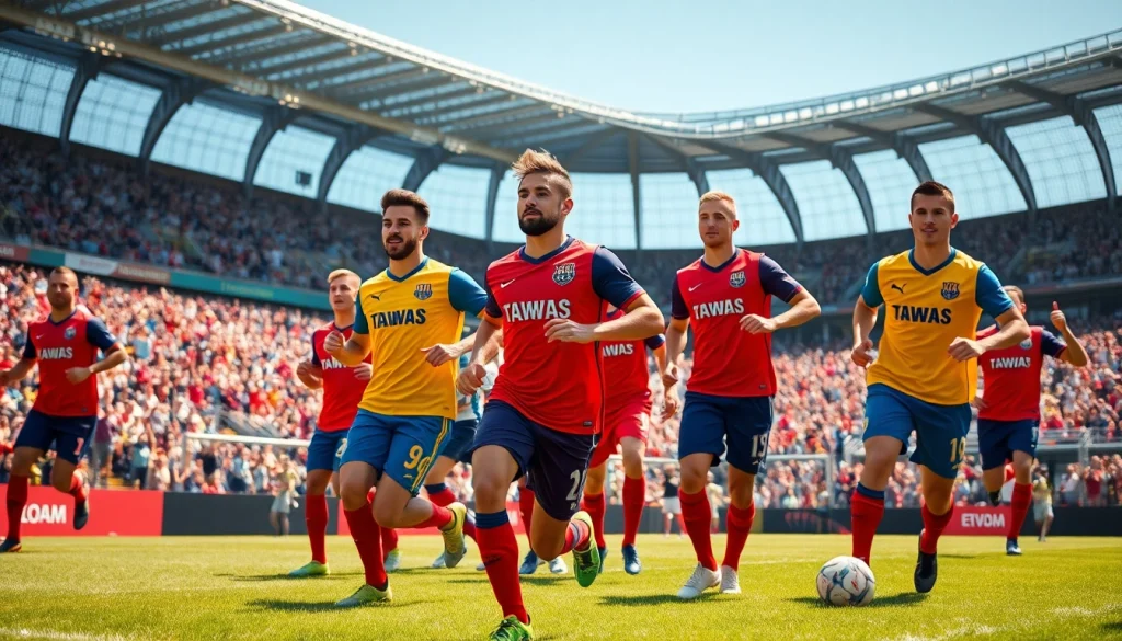 Soccer players showcasing a dynamic Team kit on the field under bright stadium lights.