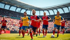 Soccer players showcasing a dynamic Team kit on the field under bright stadium lights.