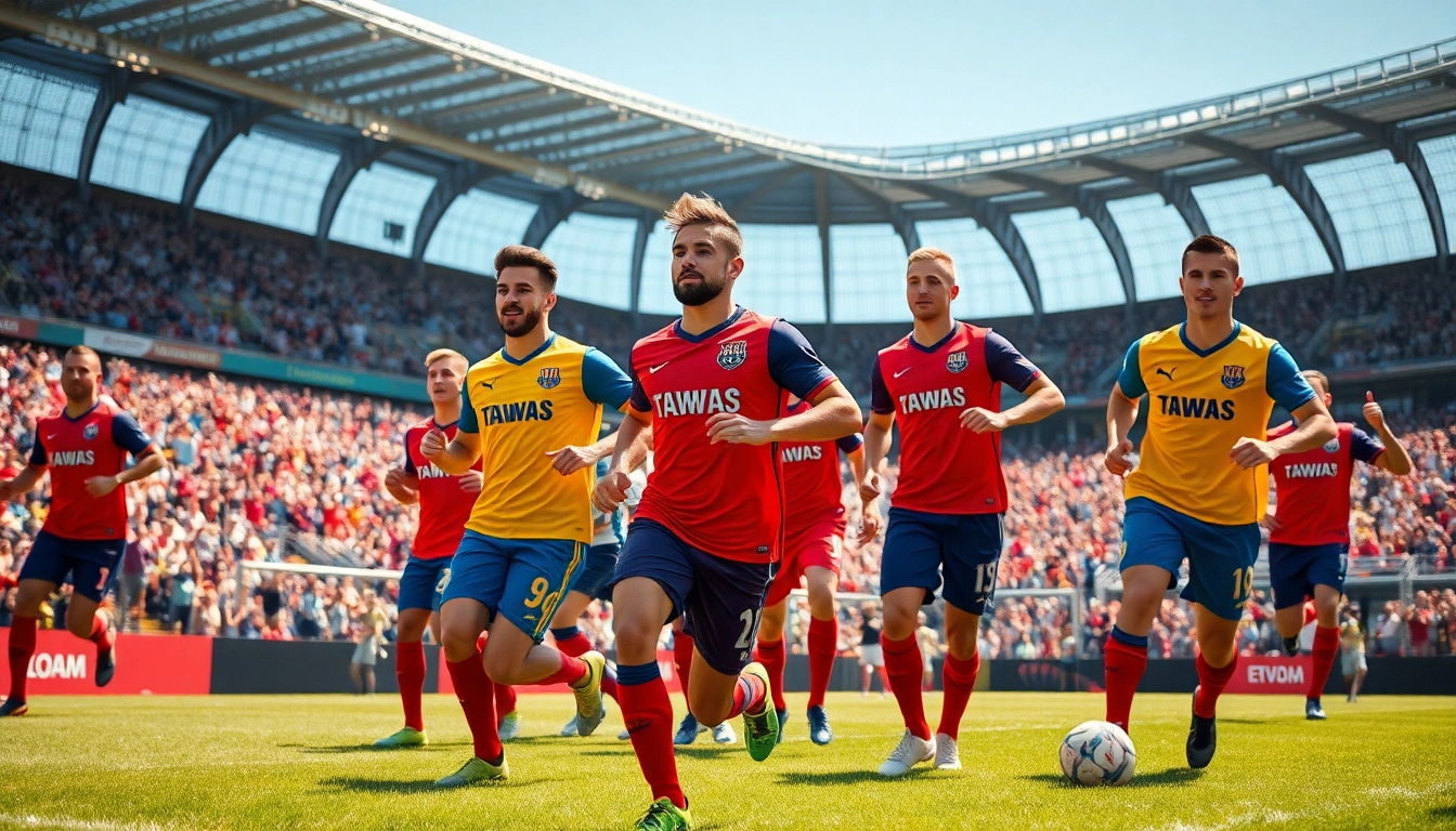 Soccer players showcasing a dynamic Team kit on the field under bright stadium lights.