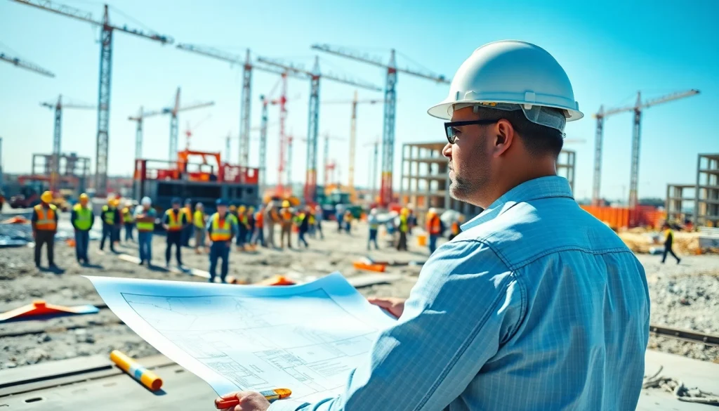 Showcasing a dedicated New Jersey Construction Manager leading a team on-site amidst construction activities.