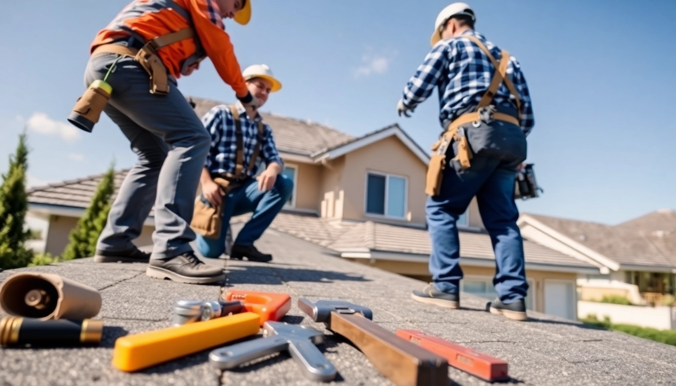 Showcasing reliable roofing services with professional contractors inspecting a residential roof.