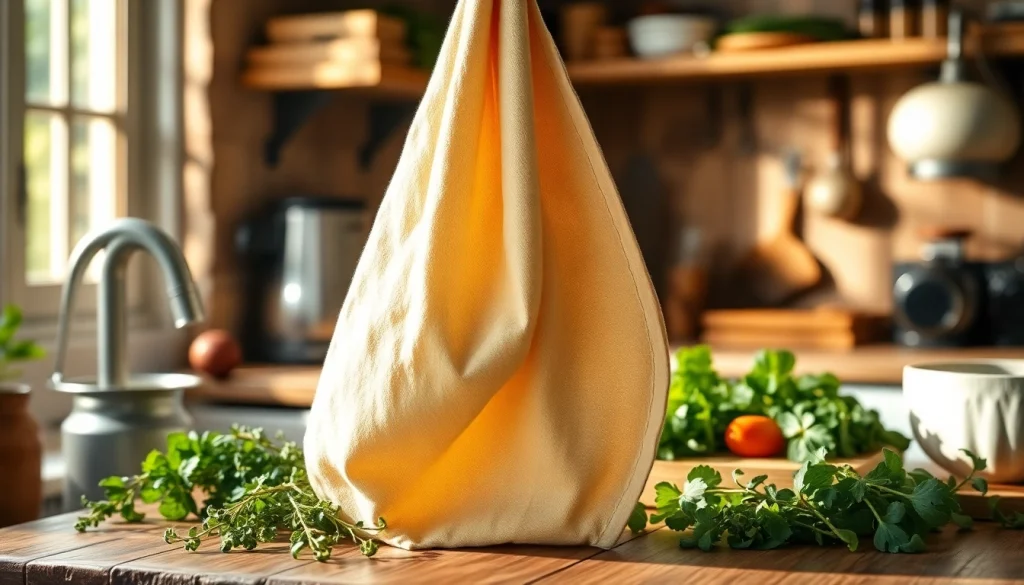 Kaasdoek gebruikt in een professionele keukenomgeving met verse ingrediënten.