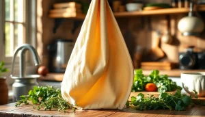 Kaasdoek gebruikt in een professionele keukenomgeving met verse ingrediënten.