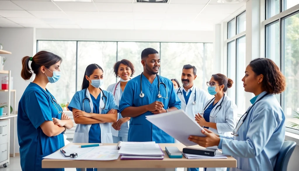 Enhance Health awareness with diverse healthcare teams collaborating in a modern clinic.