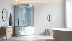 Aménagement moderne de salle de bain avec la cabine de douche sirhona France et un éclairage LED élégant.