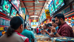 Engaging sports betting in Mexico scene with bettors analyzing odds in a vibrant marketplace.