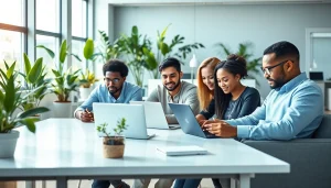 Collaborating professionals in a technology workspace focusing on innovation and teamwork.