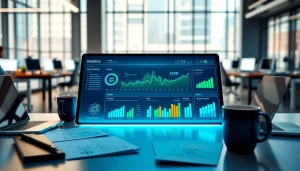 Analyze the best smm panel metrics on a futuristic marketing dashboard in a modern office.