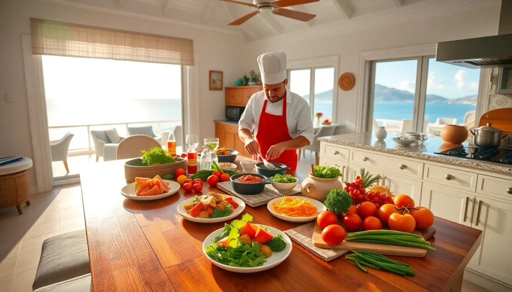 Creating a culinary masterpiece with a Sint Maarten private chef in an elegant villa kitchen.