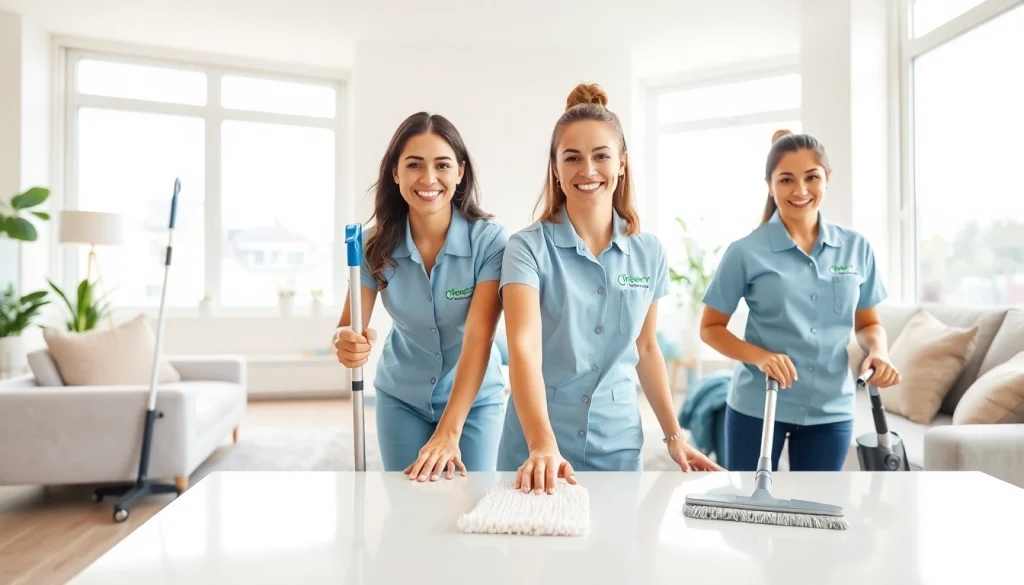 Cleaning Service professionals thoroughly cleaning a modern living room with natural light.