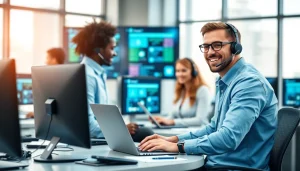 Engaged team providing IT Helpdesk Solutions in a modern office environment.