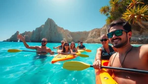 Experience Cabo adventure tours with a vibrant group enjoying thrilling beach activities.