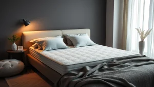 Materasso una piazza e mezza su un letto elegante con cuscini e lenzuola in cotone percalle.