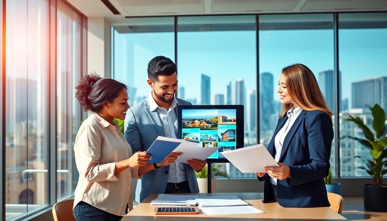 Showcase real estate agent assisting clients in a modern office with property listings.