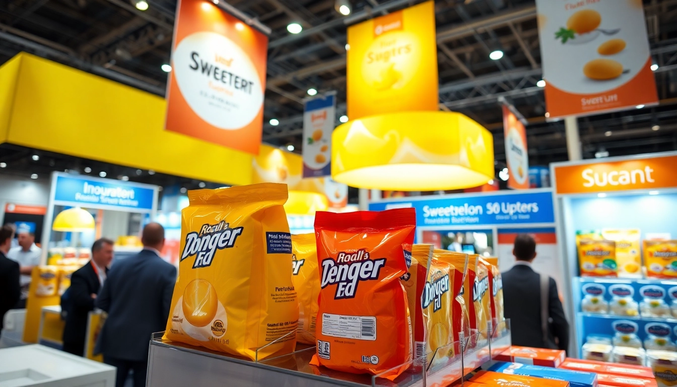 Showcase of sweetener supplier products at a trade show, highlighting vibrant packaging.