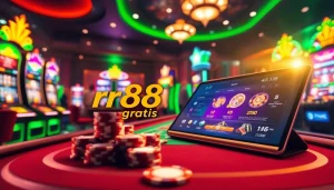 Gamble smart at rr88 gratis with vibrant slot machines and poker chips in action.