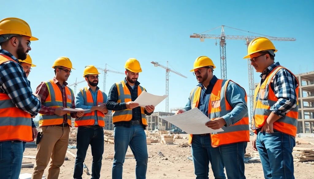 Workers from the southern california contractors association actively collaborating on a construction site.