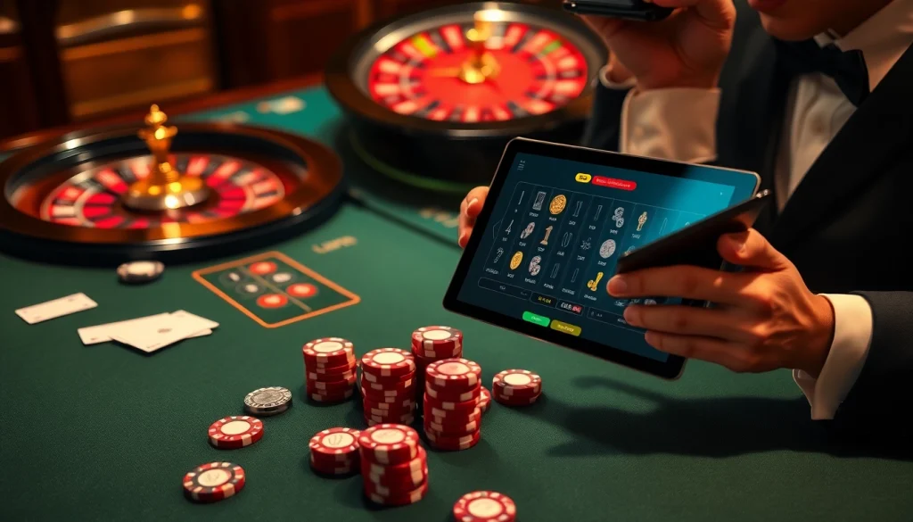 Experience the thrill of gambling at W88 with a vibrant online casino setup showcasing a blackjack table and roulette wheel.