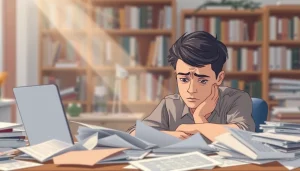 Person struggling with brain fog working at a cluttered desk, showing frustration and confusion.