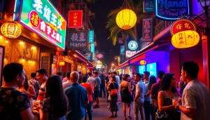 Experience 하노이밤문화 with friends in a vibrant bar scene filled with neon lights and lively atmosphere.