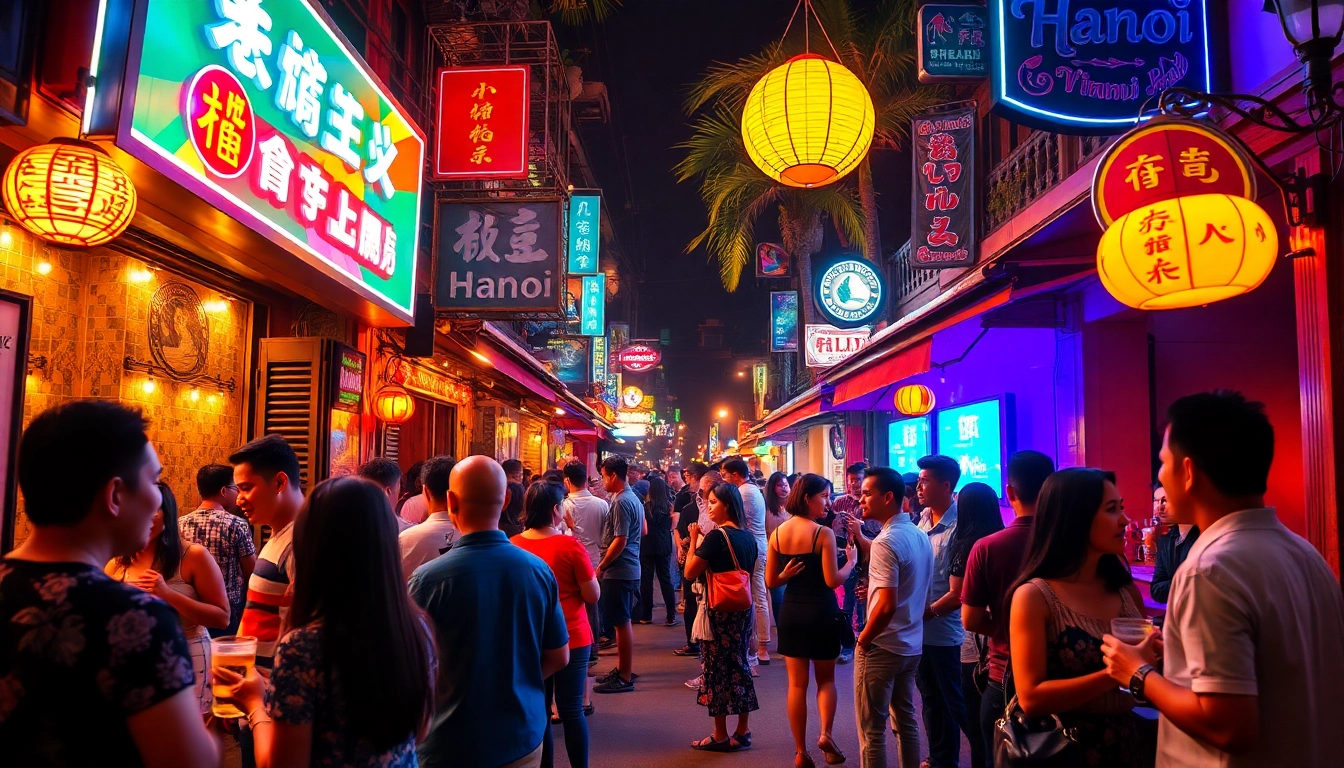 Experience 하노이밤문화 with friends in a vibrant bar scene filled with neon lights and lively atmosphere.