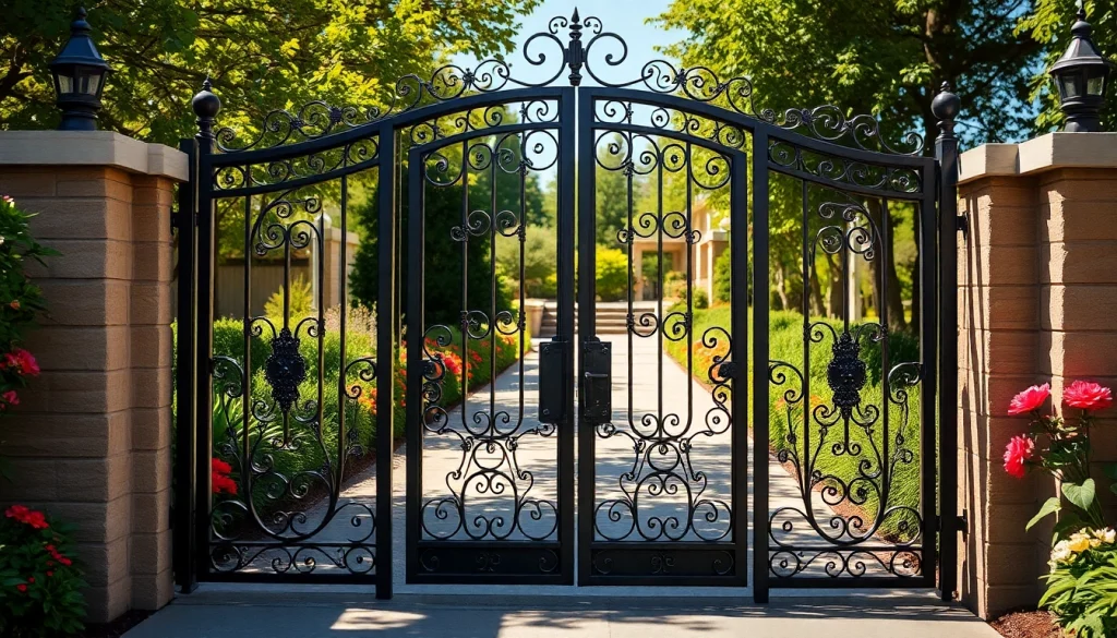 Showcasing custom steel gates with intricate designs in a beautiful garden setting