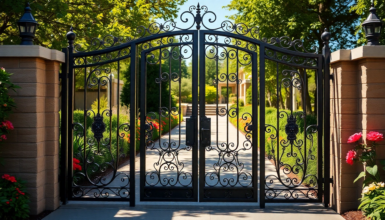 Showcasing custom steel gates with intricate designs in a beautiful garden setting