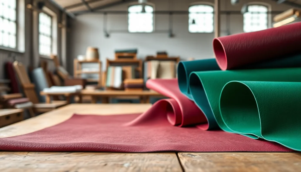 Bekijk kunst leer stoffen in verschillende kleuren, prachtig gepresenteerd op een rustieke tafel.