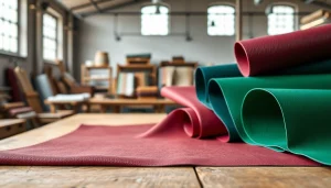 Bekijk kunst leer stoffen in verschillende kleuren, prachtig gepresenteerd op een rustieke tafel.