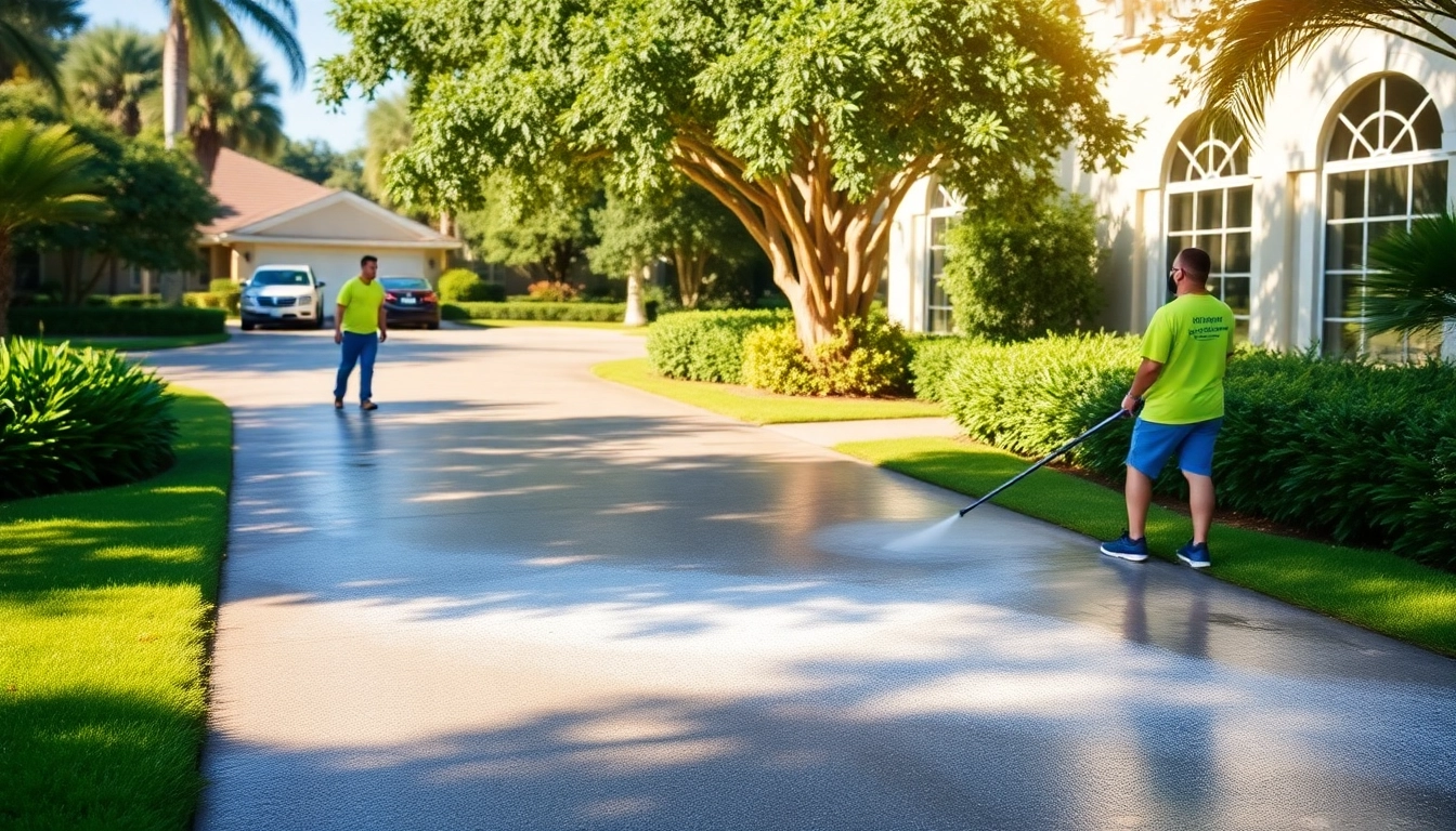 Soft wash professionals cleaning a driveway in Orlando, showcasing sparkling results.