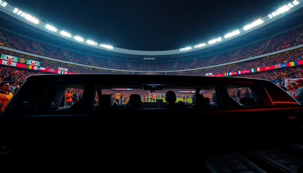 World Cup Group Transportation in a luxurious limousine at a grand stadium with excited fans.