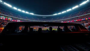 World Cup Group Transportation in a luxurious limousine at a grand stadium with excited fans.