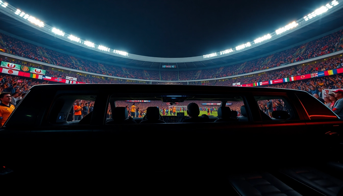 World Cup Group Transportation in a luxurious limousine at a grand stadium with excited fans.