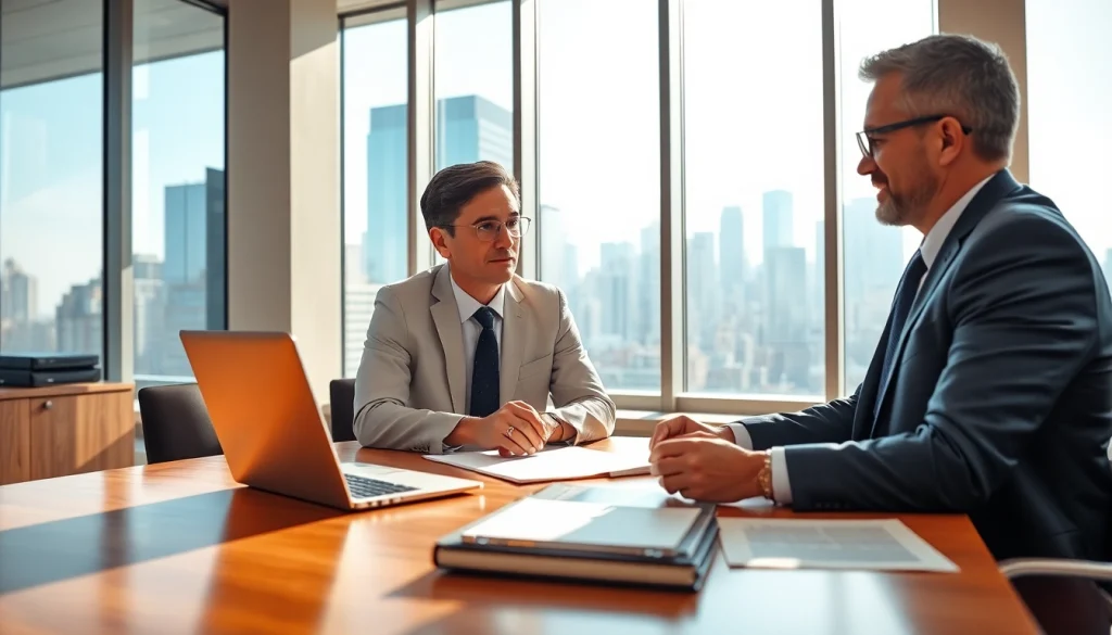 A professional real estate lawyer consulting with a client in a modern office.