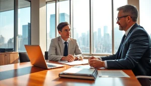 A professional real estate lawyer consulting with a client in a modern office.