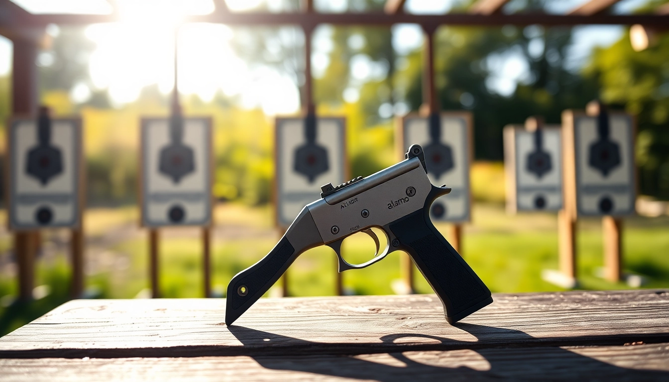 Explore the Alamo trigger with its precision craftsmanship highlighted against a shooting range backdrop.