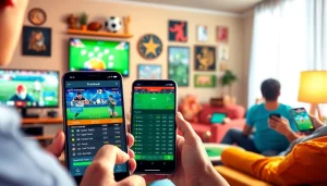 Engaging scene with sports betting apps Oklahoma displayed on mobile devices showing live odds.