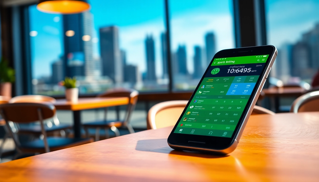 Engaging sports betting apps Manitoba displayed on a mobile device in a lively urban cafe setting.